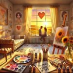 A cozy, golden-hour art studio exudes romantic charm. An easel holds a vibrant watercolor couple, surrounded by scattered brushes and paint. A heart-shaped window overlooks a sunset-lit landscape, cozy loveseat, and whimsical love note. The playful, dreamlike space brims with colorful artistic elements and flirtatious creativity.