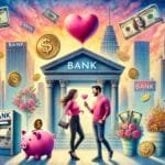 A vibrant watercolor painting depicts a diverse couple in front of a sleek modern bank. The man hands the woman a heart-shaped bank cheque, while she laughs, holding a pink piggy bank. Dollar bills flutter, heart-shaped coins float, and whimsical love-money motifs create a playful, romantic vibe. Warm sunset hues.