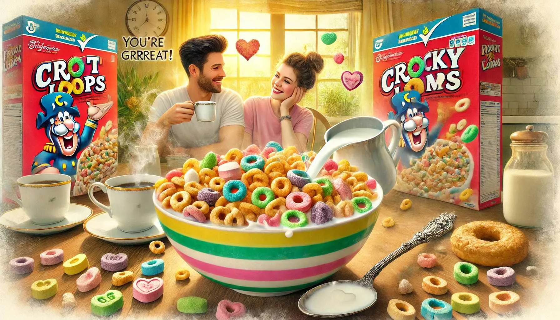A vibrant and ultra-realistic watercolor painting captures a playful breakfast scene with a whimsical twist. A colorful cereal bowl overflowing with milk and vividly detailed Froot Loops, Cheerios, and Lucky Charms marshmallows takes center stage, framed by a cozy sunlit kitchen table, retro cereal boxes, and romantic, humorous details like heart-doodled napkins.