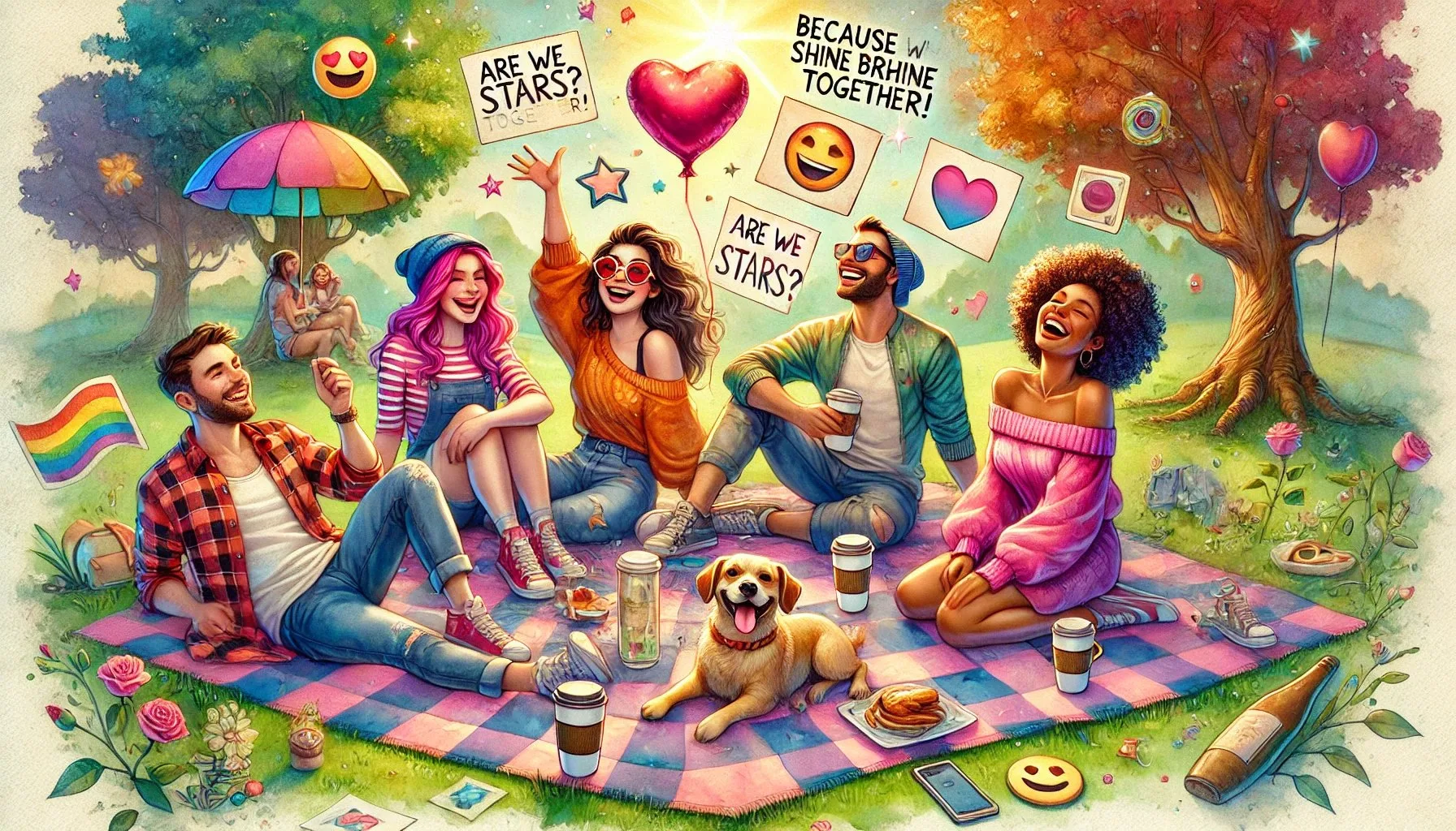 A vivid, ultra-realistic watercolor illustration of four diverse friends radiating joy amidst a whimsical outdoor park scene. Two sit on a checkered picnic blanket while two laugh mid-action, tossing witty cards into the air. Sunlit greenery, playful emojis, and a dog in heart-shaped sunglasses add charm to this inclusive, heartwarming depiction of friendship.