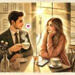 Alt text: A semi-realistic watercolor scene of two stylish young adults at a cozy coffee shop. Sunlight streams through large windows, casting a golden morning glow. They exchange flirty smiles over steaming coffee, with a phone on the table displaying a playful heart emoji message. Warm pastels enhance the lighthearted, romantic mood.