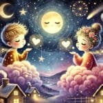 A romantic, ultra-realistic watercolor of two abstract, glowing figures floating in a dreamy night sky filled with twinkling stars and a crescent moon. Playful heart-shaped kisses drift between them. The cozy backdrop features soft clouds, cozy cottages with glowing windows nestled below, enhancing the warm, magical atmosphere.